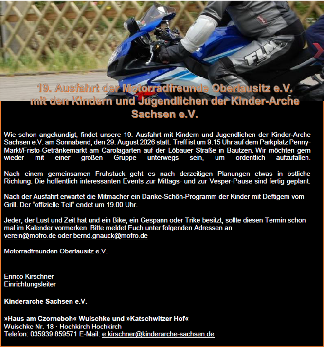 19. Ausfahrt der Motorradfreunde Oberlausitz e.V. mit den Kindern und Jugendlichen der Kinder-Arche Sachsen e.V.