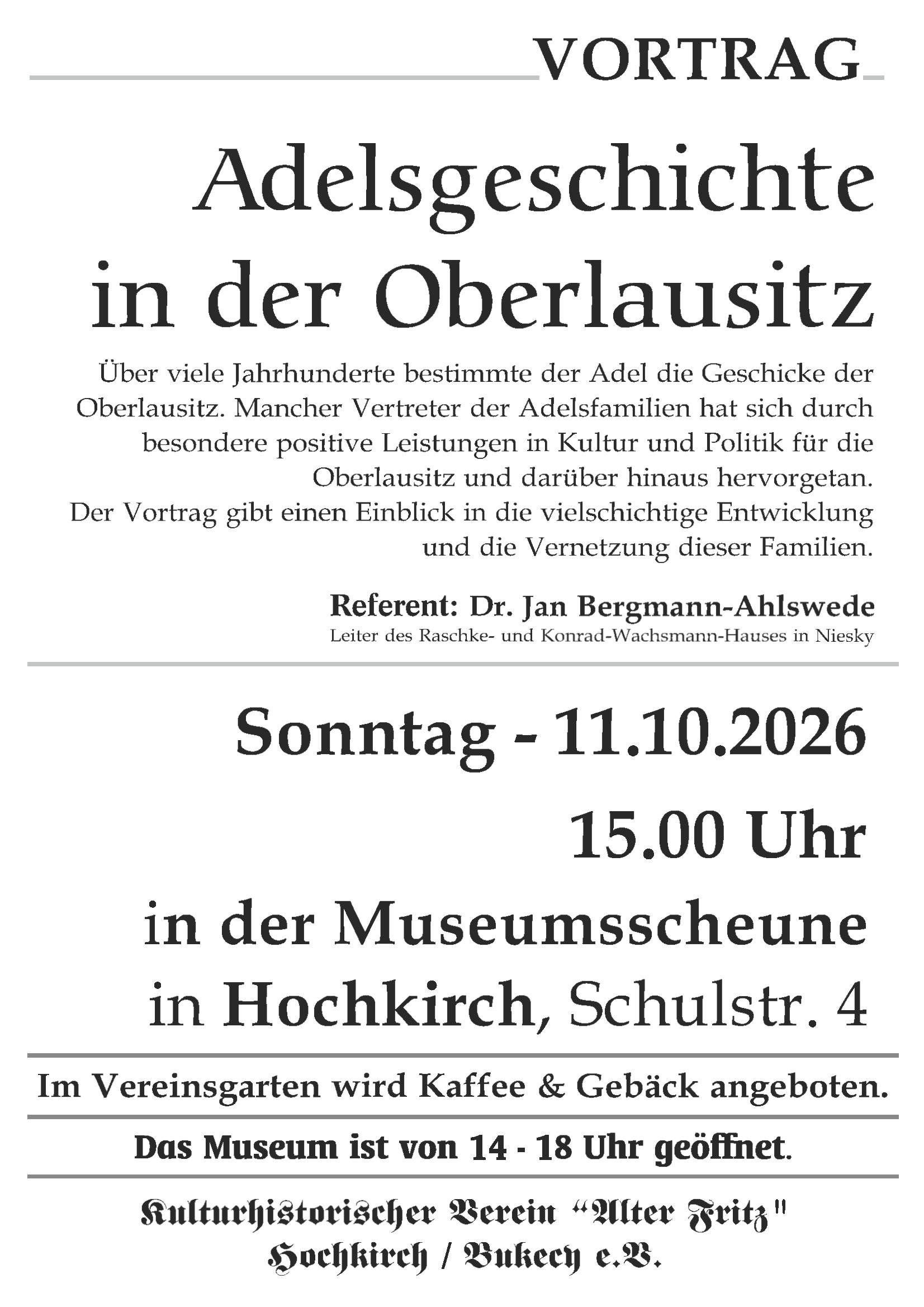 Offenes Museum + Vortrag: „Adelsgeschichte in der Oberlausitz“